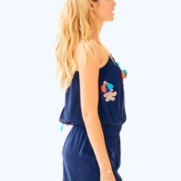 NWT * Lilly Pulitzer Amerie Romper XL Navy Blue Off Shoulder Tassels 1 Sleeve - Picture 3 of 7